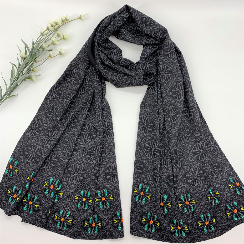 Beaded Embroidery on Printed Black Long Scarf