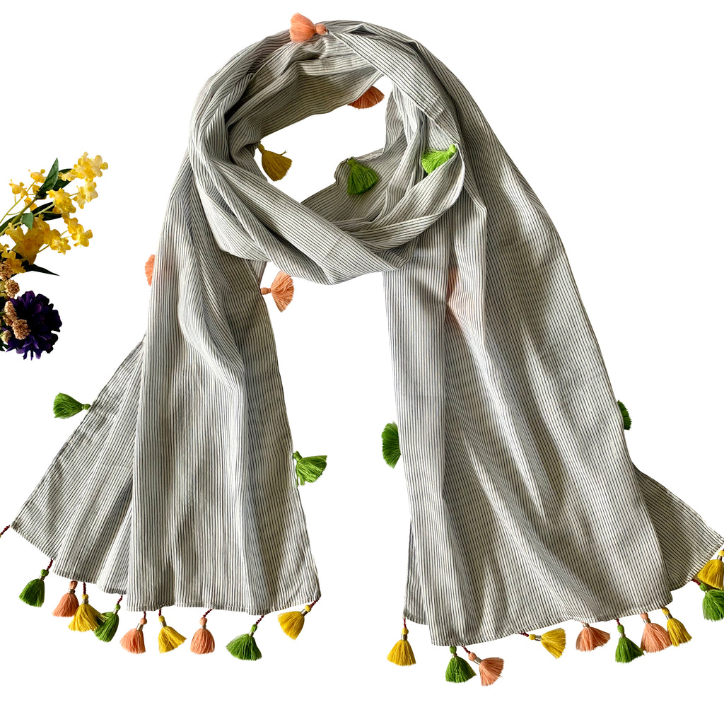 Pin Stripe; Ivory Grey; Long Scarf with Tassels on all edges