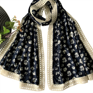 Wide Printed Scarf with Wide Lace; Navy