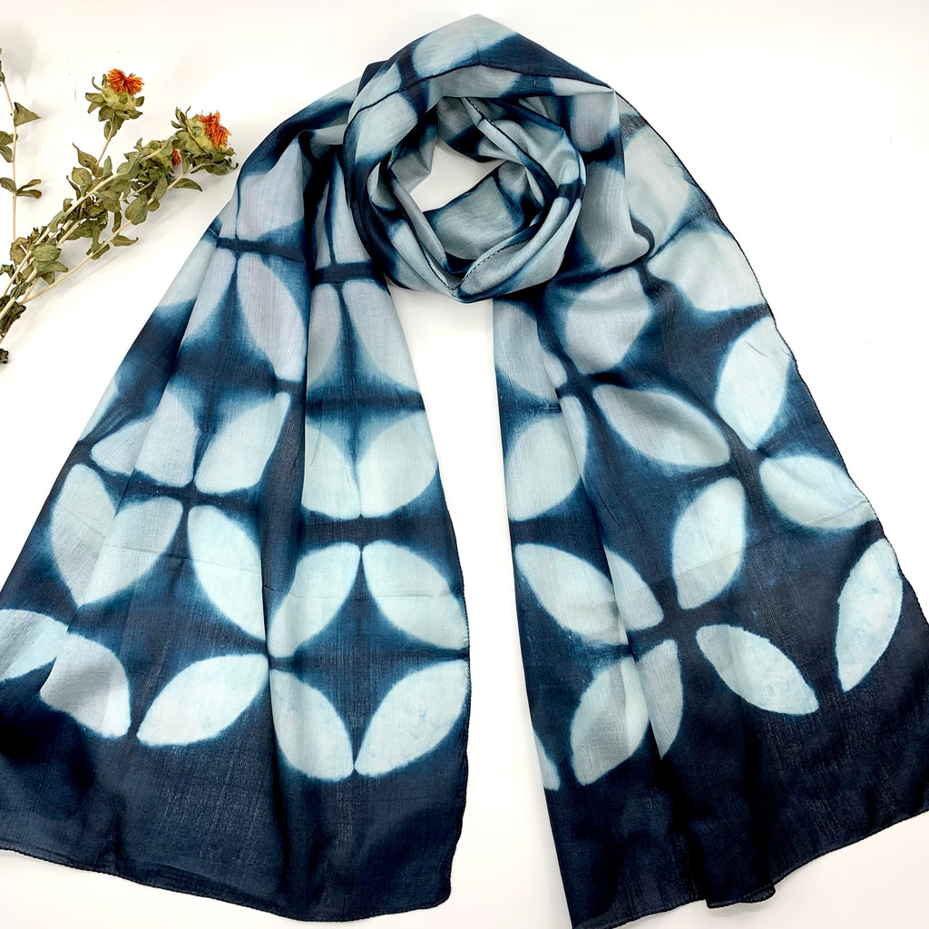 Shibori Inspired Tie-dye, Tusser Silk Scarves - Blue