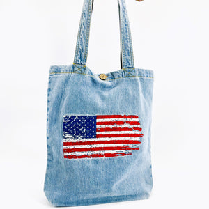 Distressed Embroidery USA Flag Denim Tote Bag | Light Blue Denim