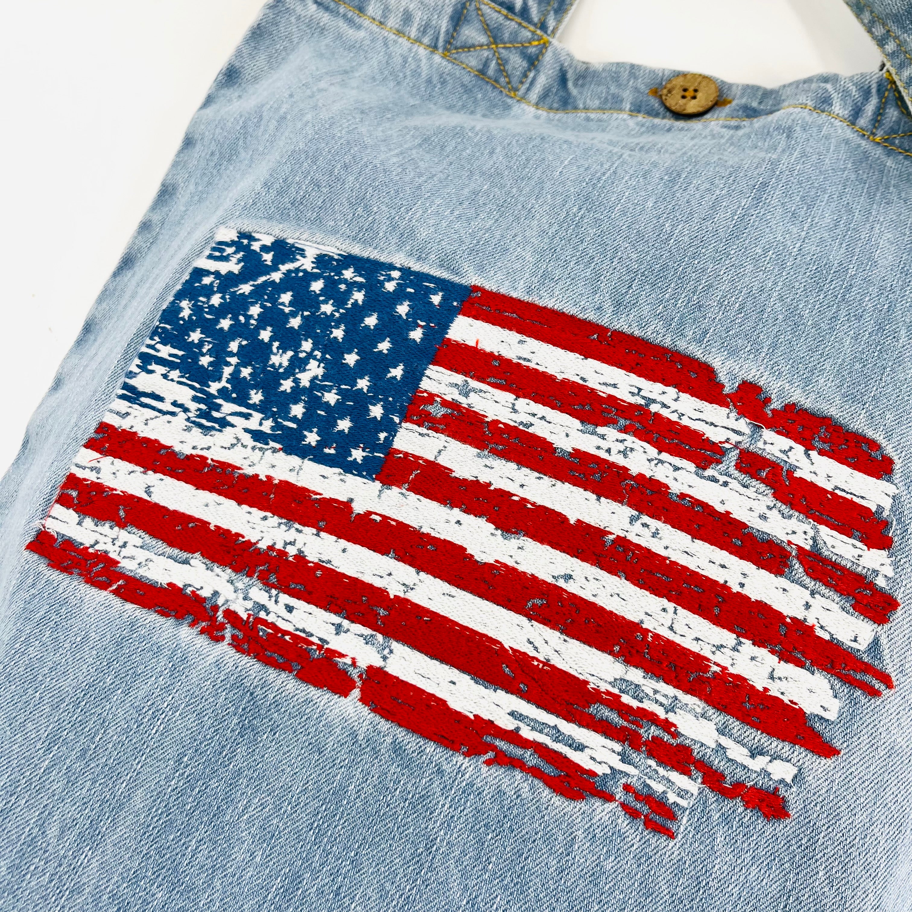 Distressed Embroidery USA Flag Denim Tote Bag | Light Blue Denim