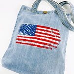 Distressed Embroidery USA Flag Denim Tote Bag | Light Blue Denim