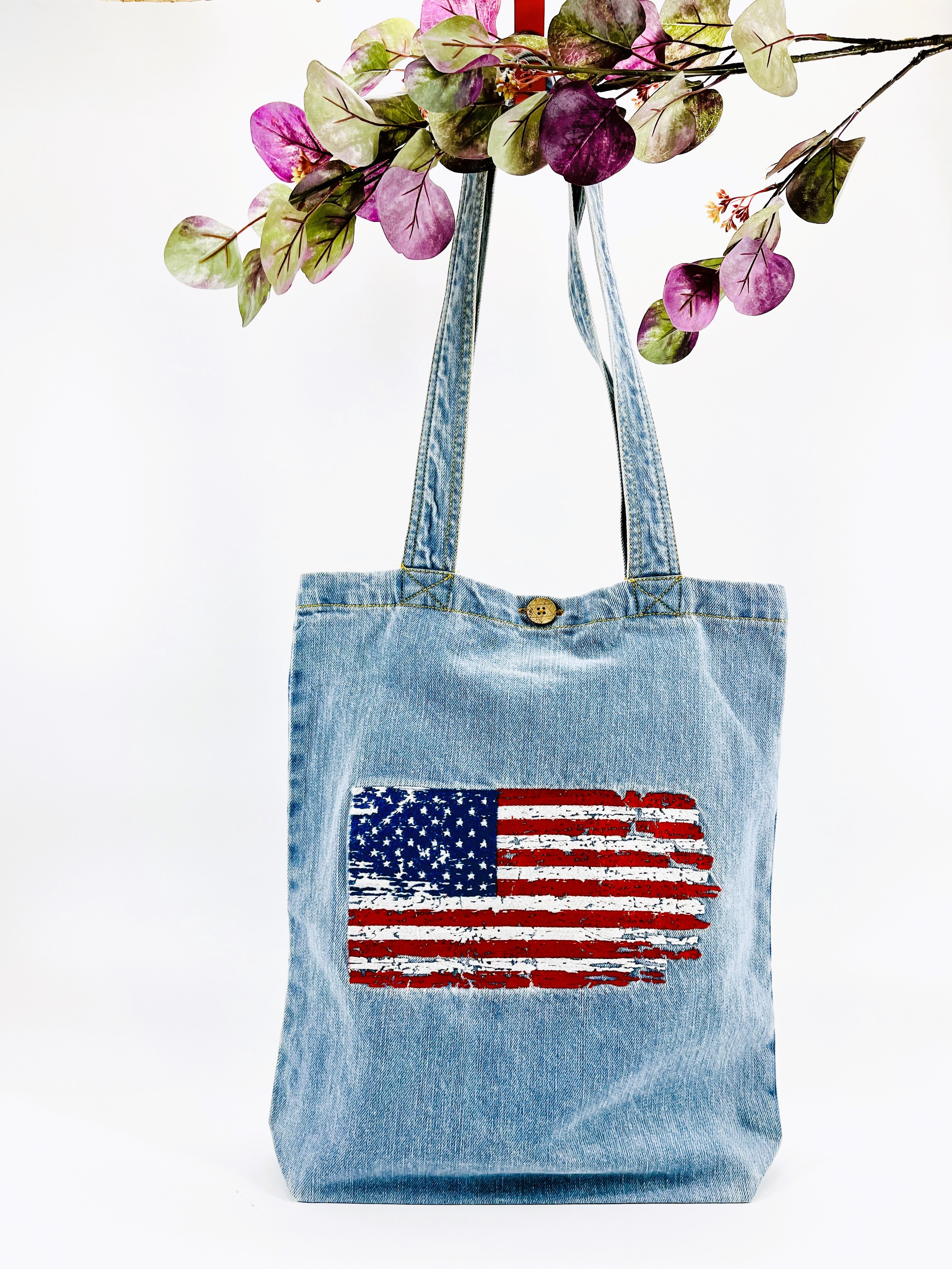 Distressed Embroidery USA Flag Denim Tote Bag | Light Blue Denim