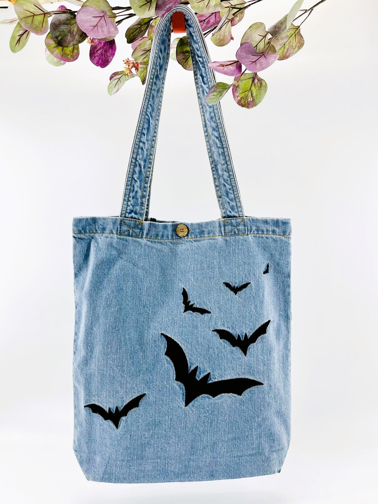 Flying Bat Denim Tote Bag | Light Blue Denim