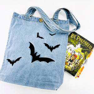 Flying Bat Denim Tote Bag | Light Blue Denim