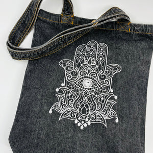 Embroidered Hamsa Hand - Denim Tote Bag | Charcoal Denim