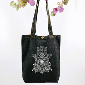 Embroidered Hamsa Hand - Denim Tote Bag | Charcoal Denim