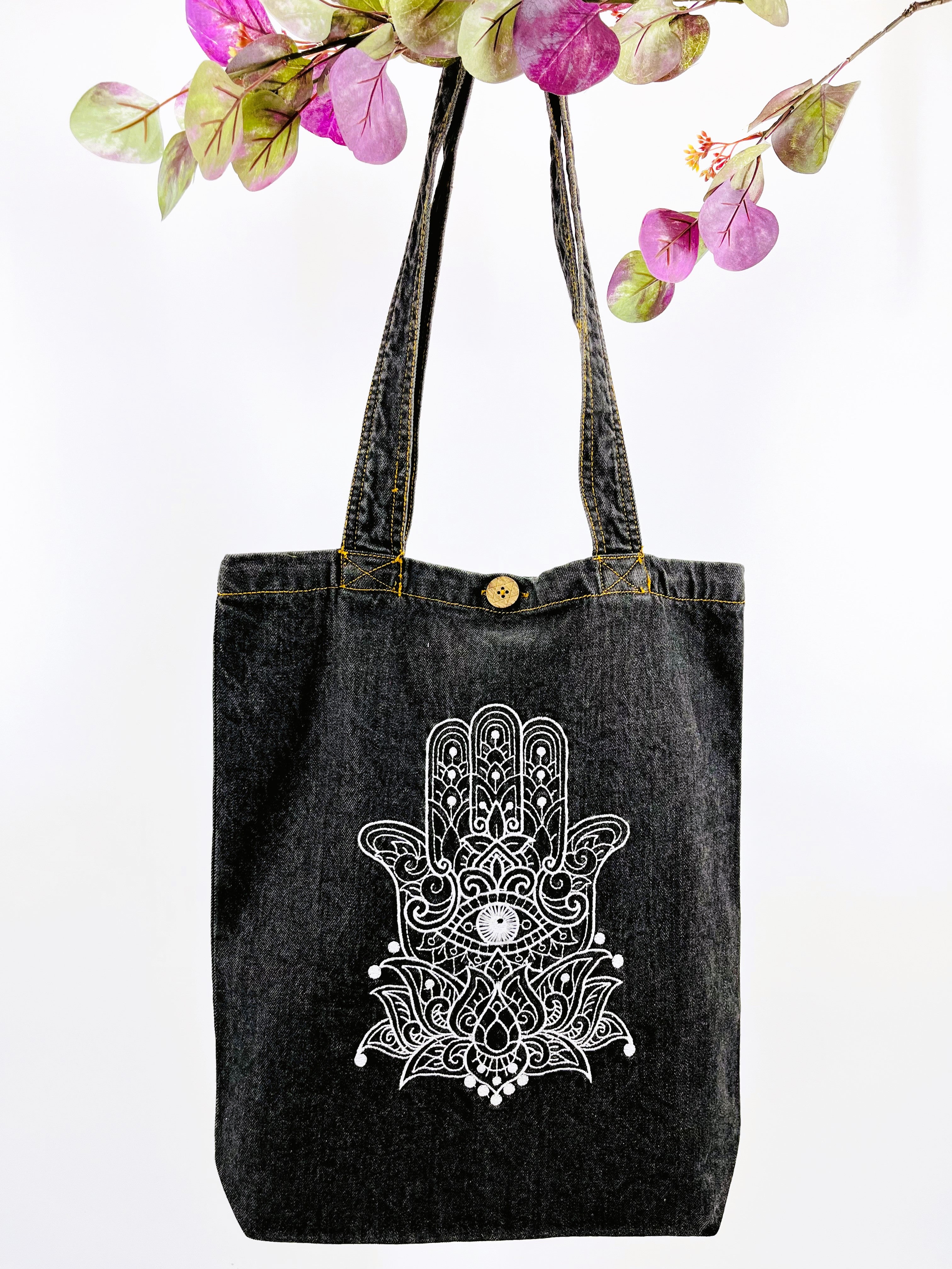 Embroidered Hamsa Hand - Denim Tote Bag | Charcoal Denim