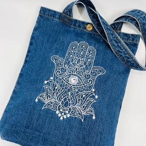 Embroidered Hamsa Hand - Denim Tote Bag | Dark Blue Denim