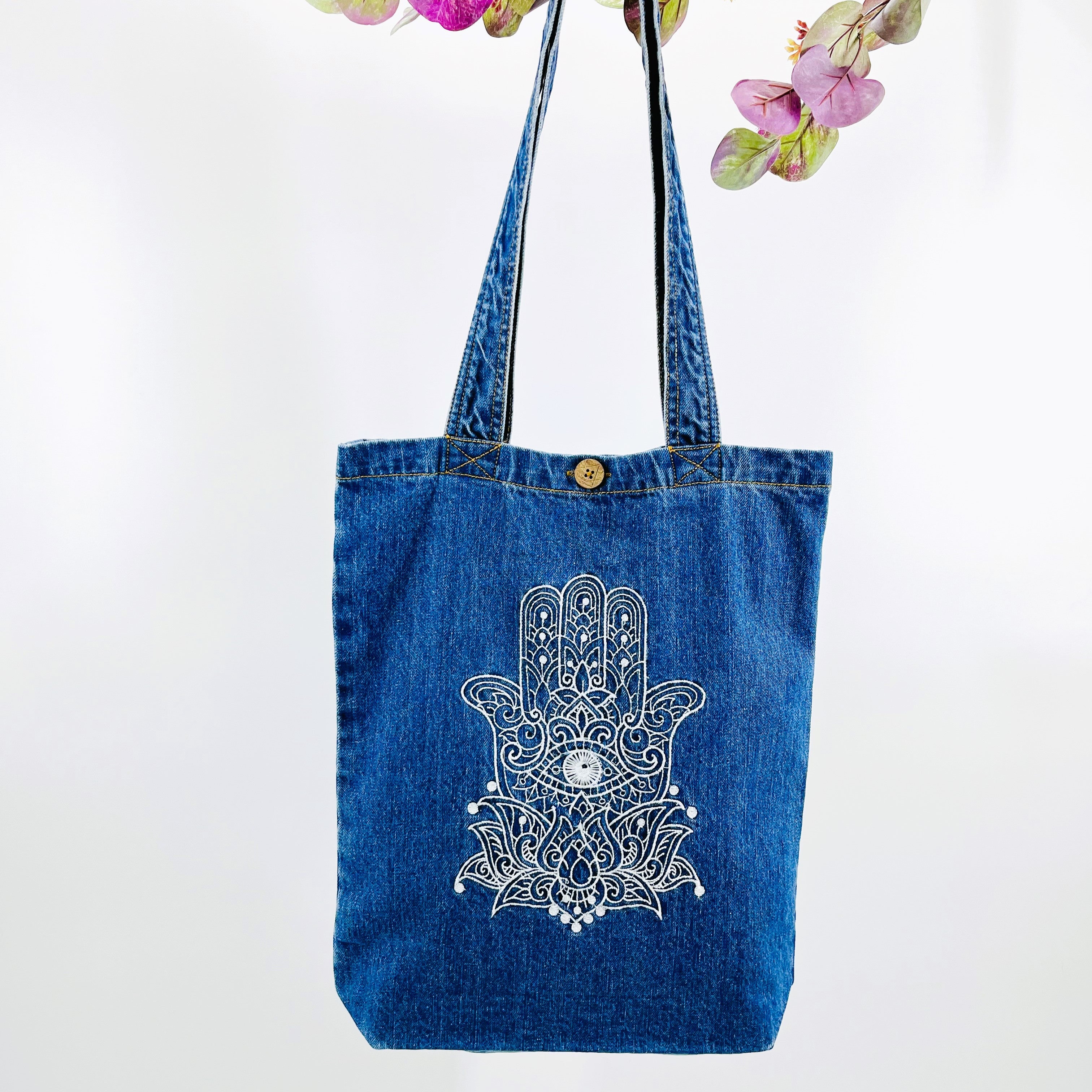 CUSTOM Embroidered Hamsa Hand - Denim Tote Bag | Dark Blue Denim