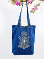 Embroidered Hamsa Hand - Denim Tote Bag | Dark Blue Denim