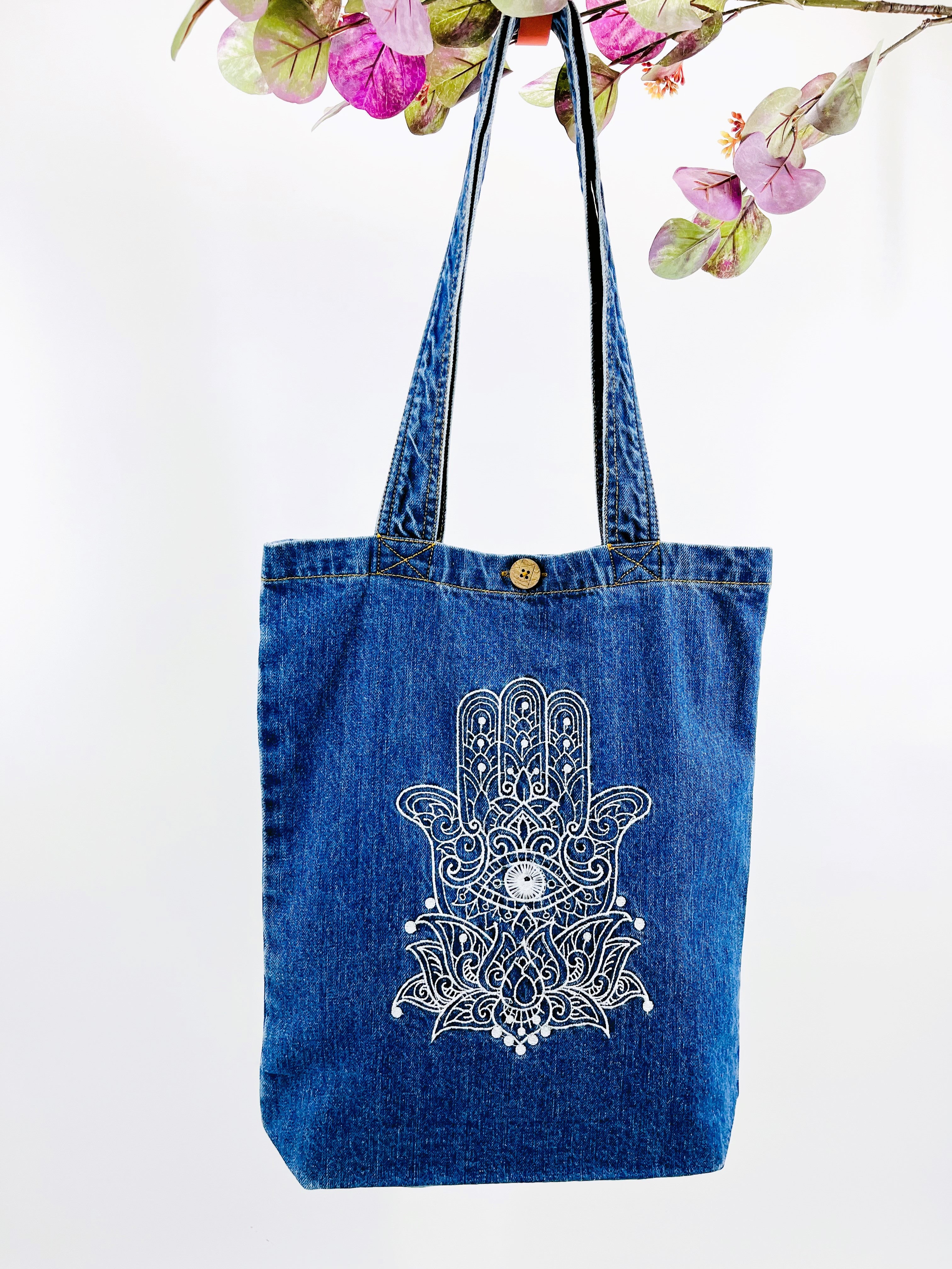 CUSTOM Embroidered Hamsa Hand - Denim Tote Bag | Dark Blue Denim