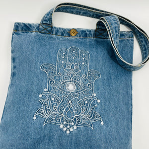 Embroidered Hamsa Hand - Denim Tote Bag | Light Blue Denim