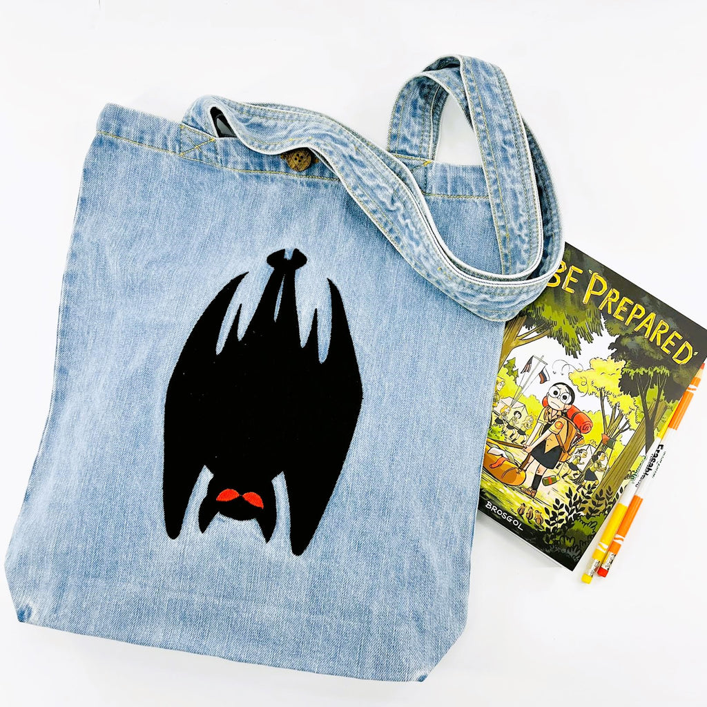 Hanging Bat Denim Tote Bag | Light Blue Denim