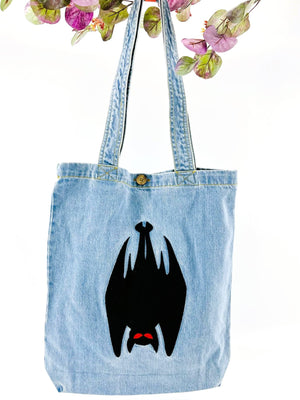 Hanging Bat Denim Tote Bag | Light Blue Denim