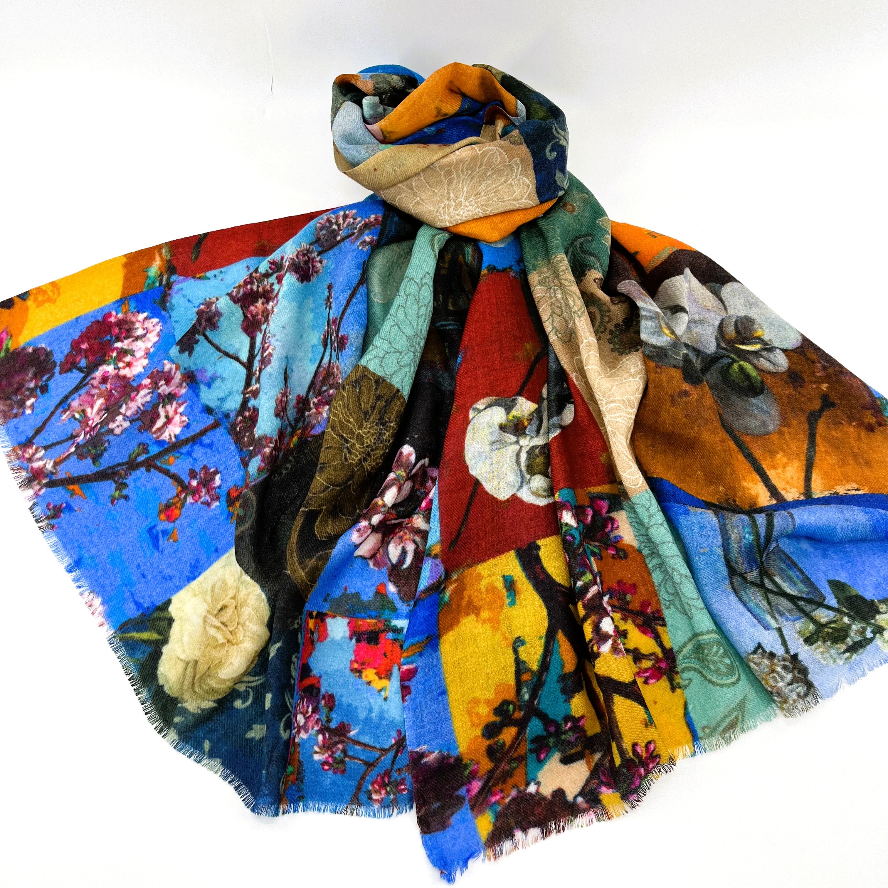 Fine Wool Silk Blend Scarves Japanese Art Inspired