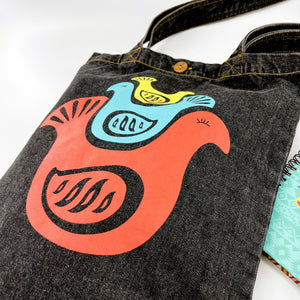 Printed Denim Tote Bags Charcoal : 3 Birds Scandinavian Art