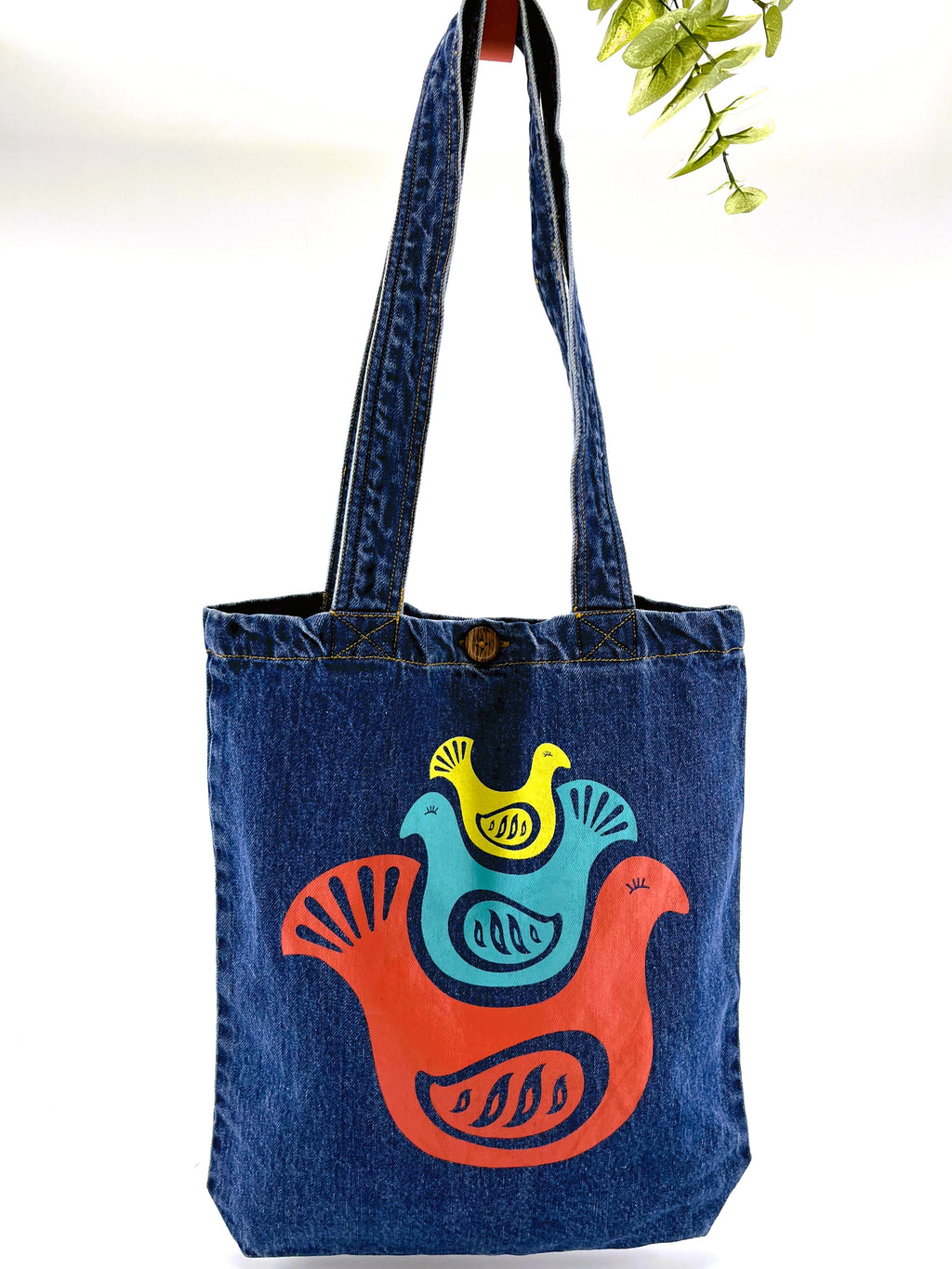 Printed Denim Tote Bags Blue : 3 Birds Scandinavian Art