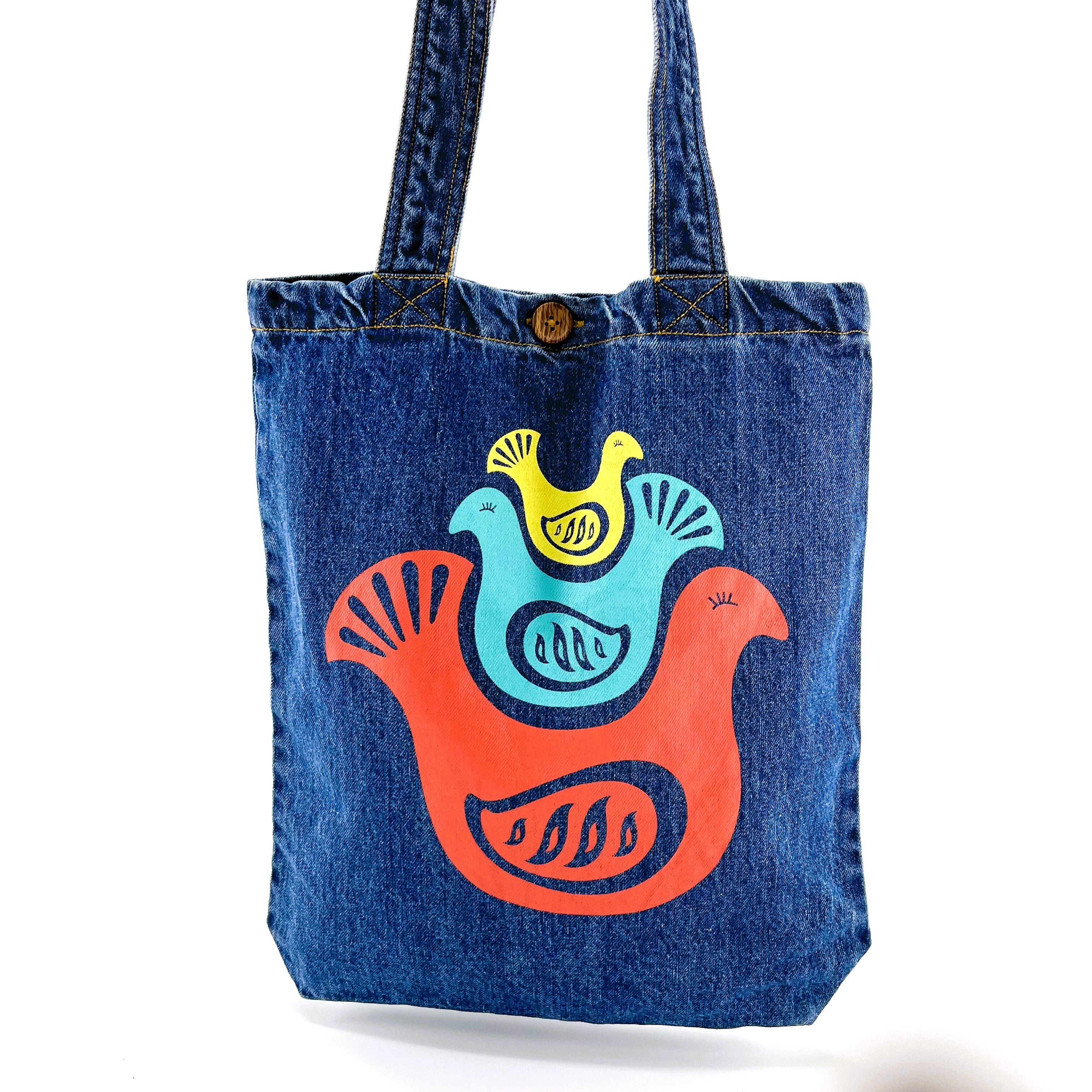 Printed Denim Tote Bags Blue : 3 Birds Scandinavian Art