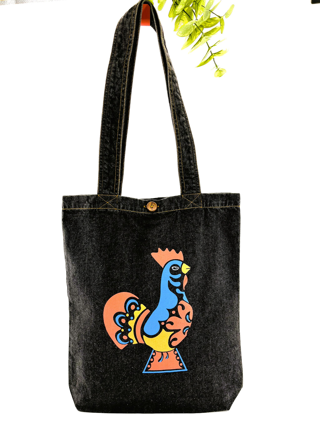 Printed Denim Tote Bags Charcoal : Birds Scandinavian Art