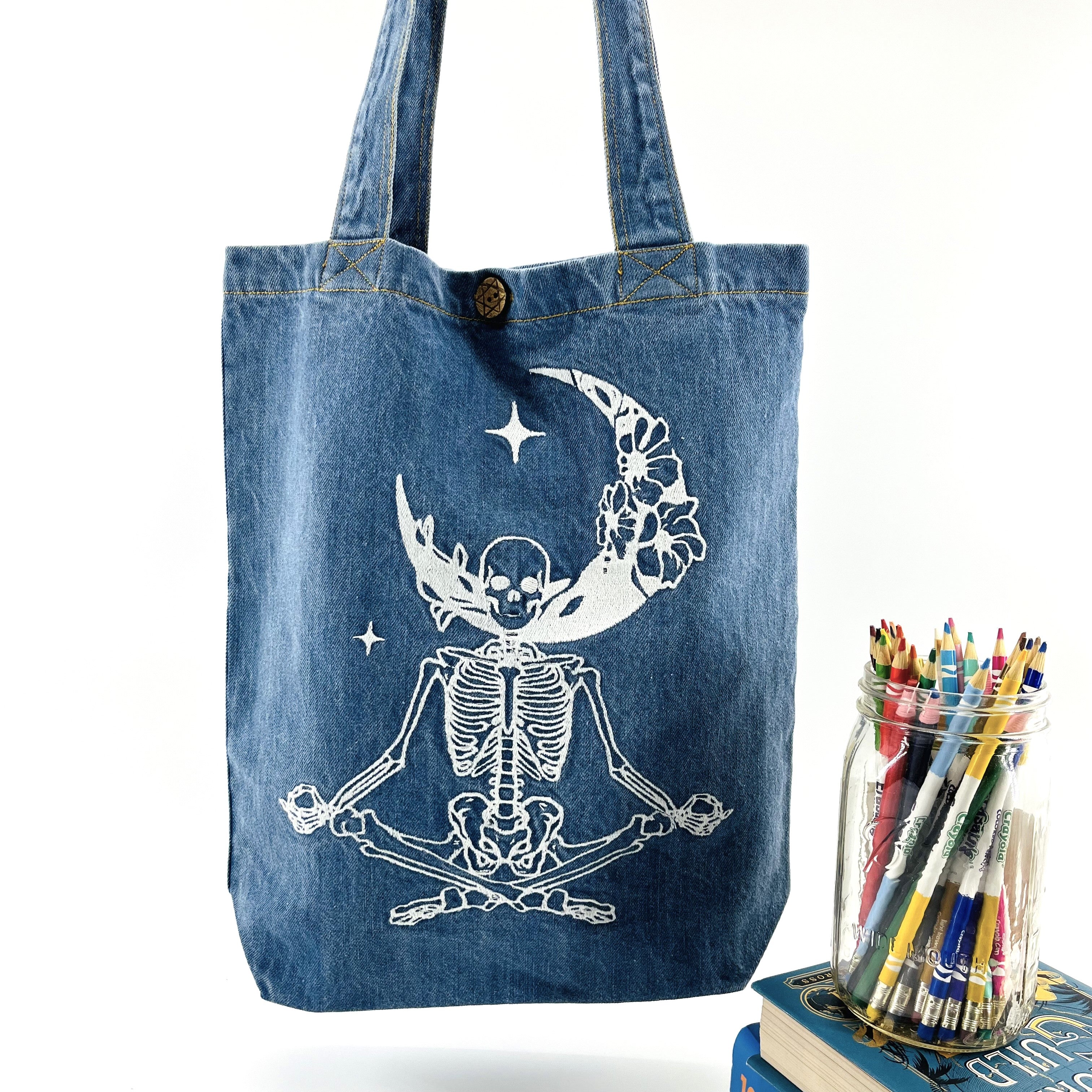 Custom Listing : Yoga Skeleton "Stay Calm and Carry our Bags" Denim Tot | Blue Denim