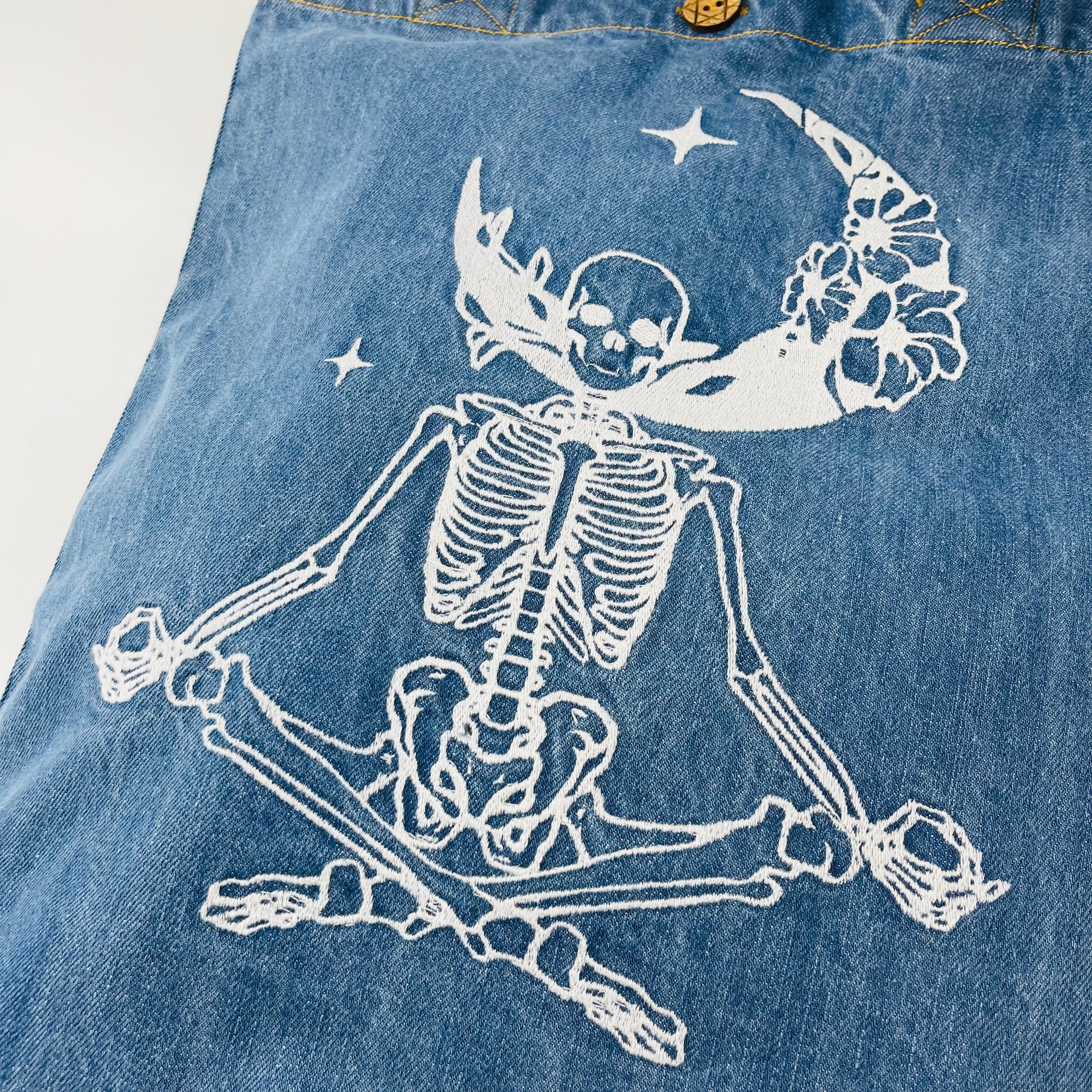 Custom Listing : Yoga Skeleton "Stay Calm and Carry our Bags" Denim Tot | Blue Denim