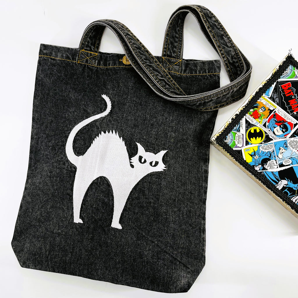 "You talkin' to me? ~ Cat" Denim Tote Bag | Charcoal Denim