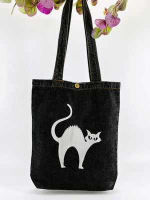 "You talkin' to me? ~ Cat" Denim Tote Bag | Charcoal Denim