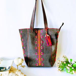 Denim Boho Embroidered Shoulder Bag : Charcoal