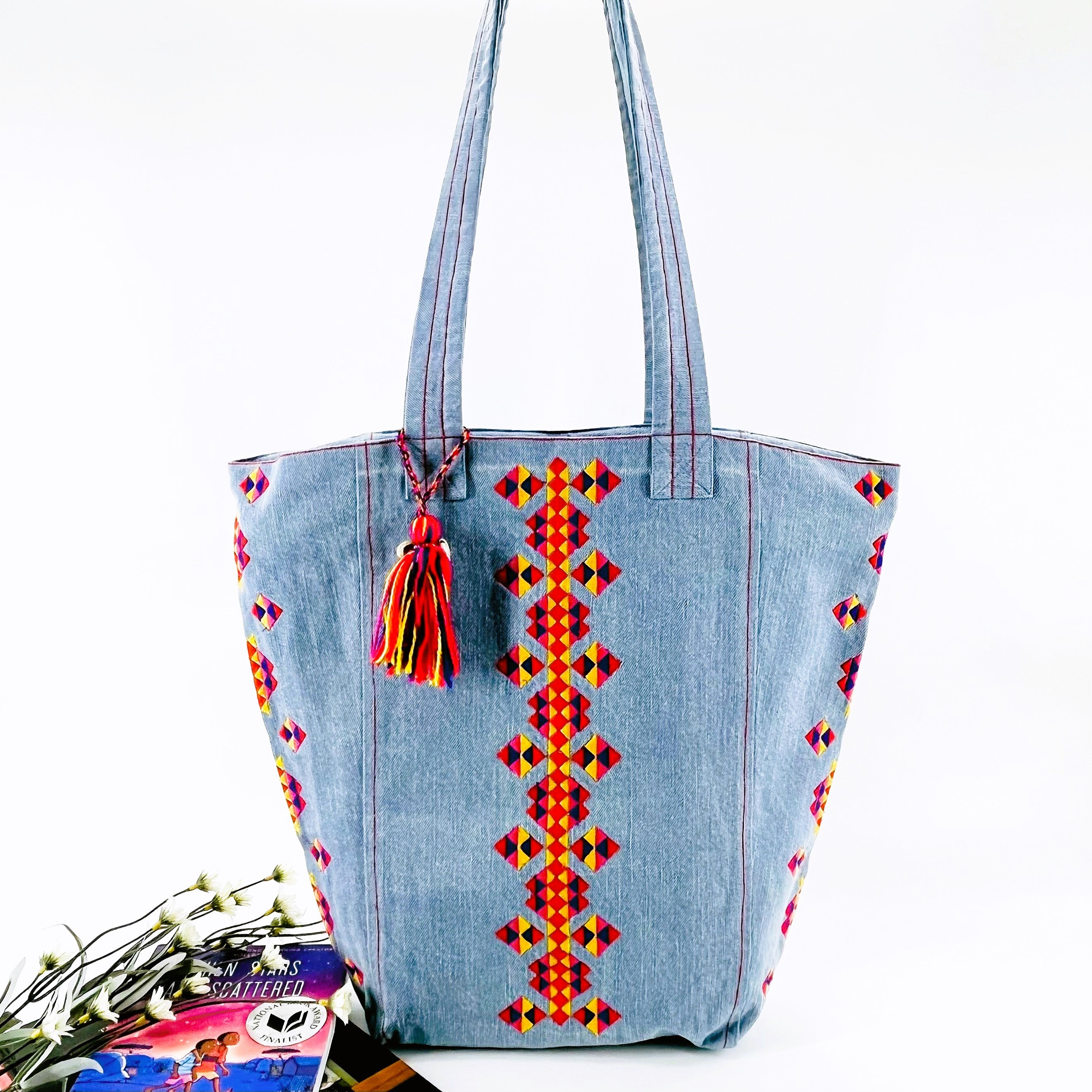 Denim Boho Embroidered Shoulder Bag