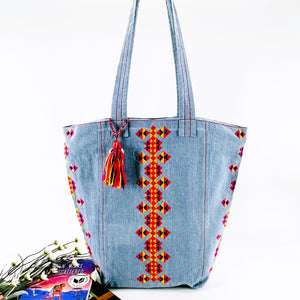 Denim Boho Embroidered Shoulder Bag