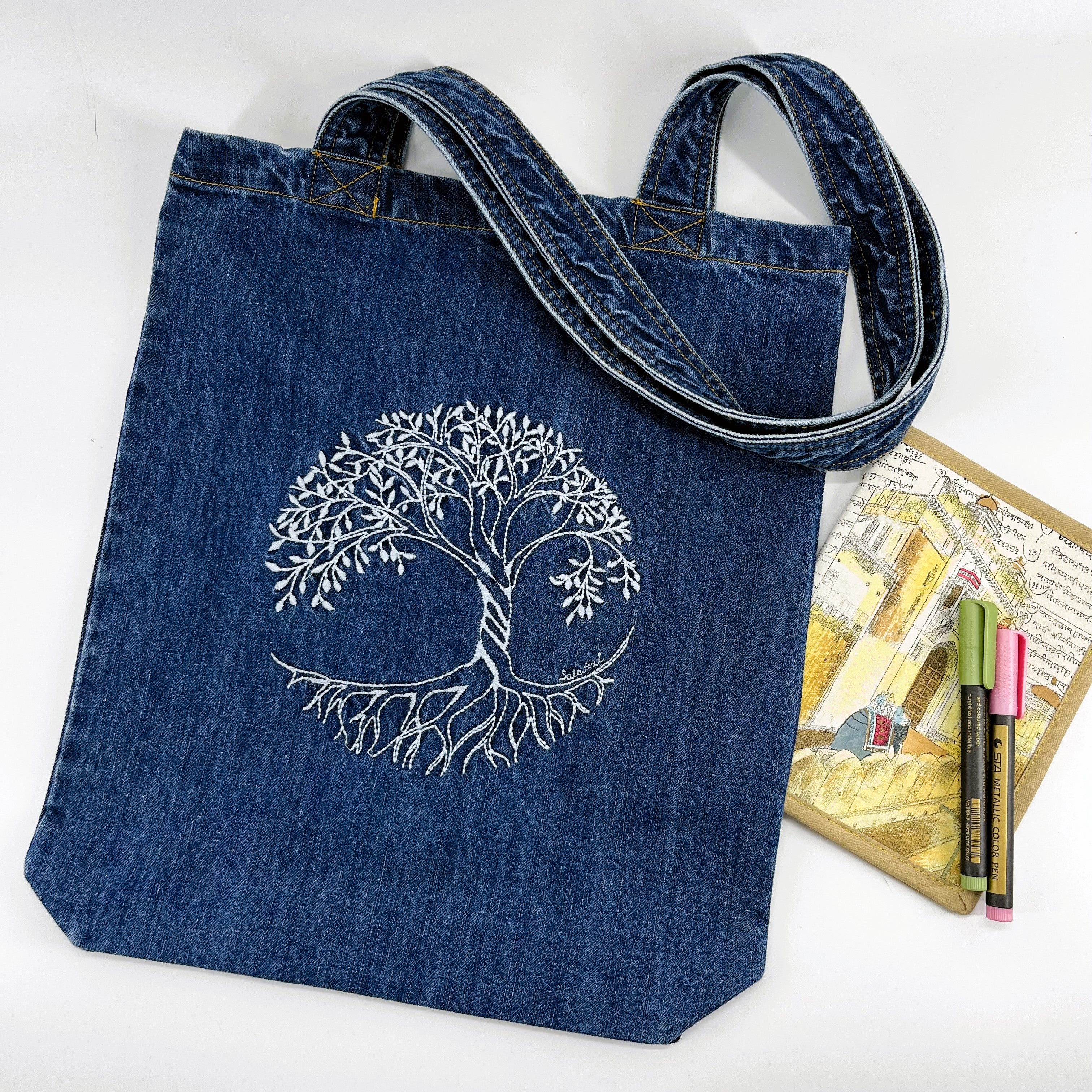 Tree of Life - Denim Tote Bag | Dark Blue Denim