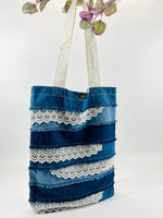 Upcycled Trendy Denim Blue & Lace Patch Tote