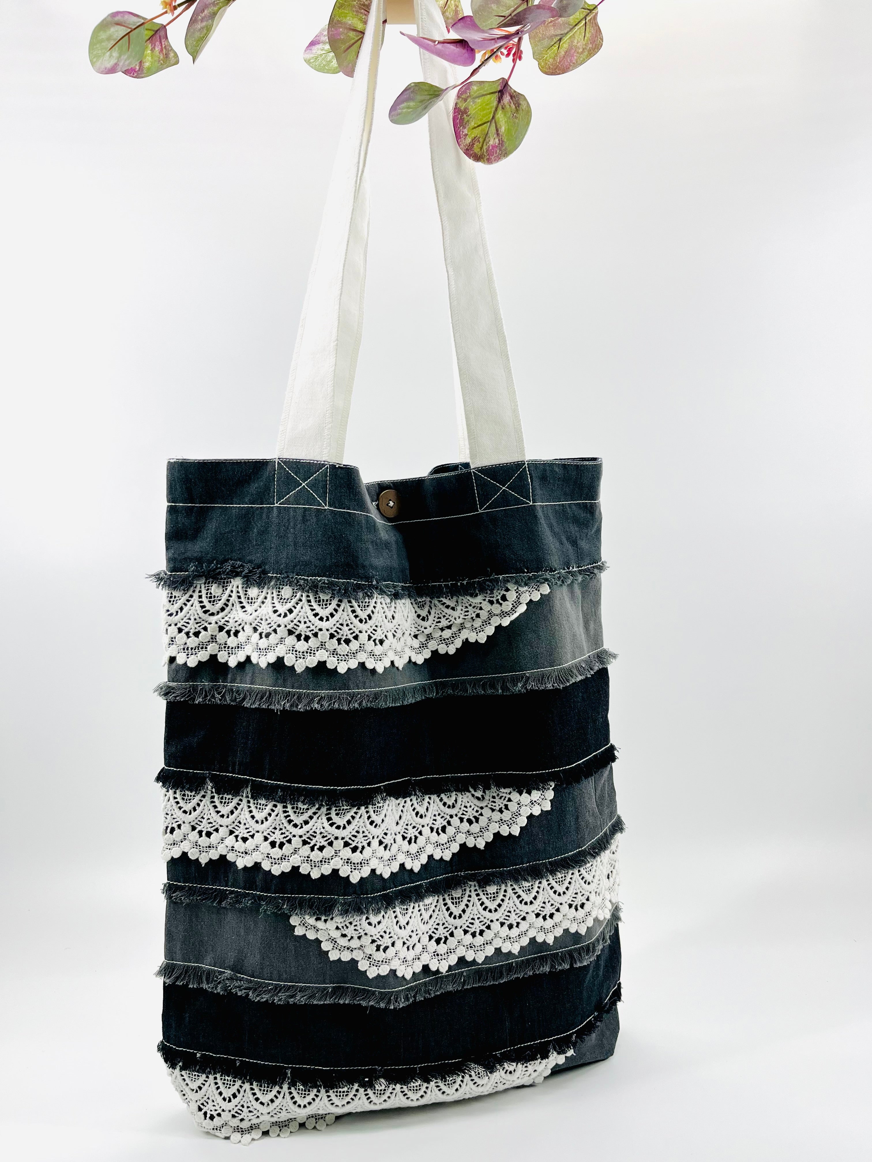 Upcycled Trendy Denim Charcoal & Lace Patch Tote