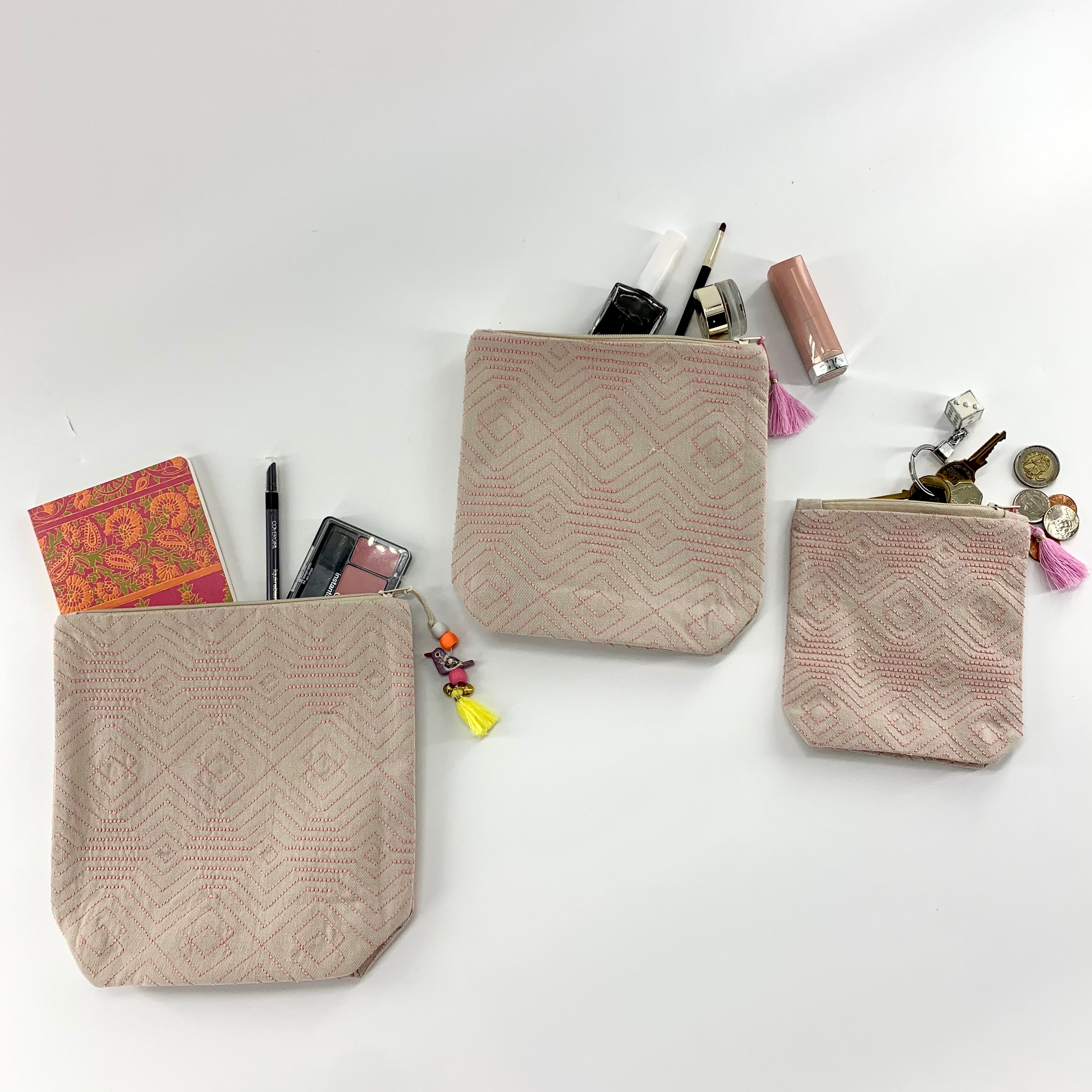 Cotton Canvas Embroidered Pouches - SET OF 3