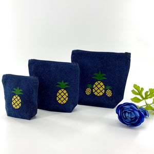 Pineapple Collection; Embroidered Pouches DENIM - SET OF 3