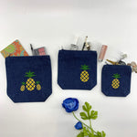 Pineapple Collection; Embroidered Pouches DENIM - SET OF 3