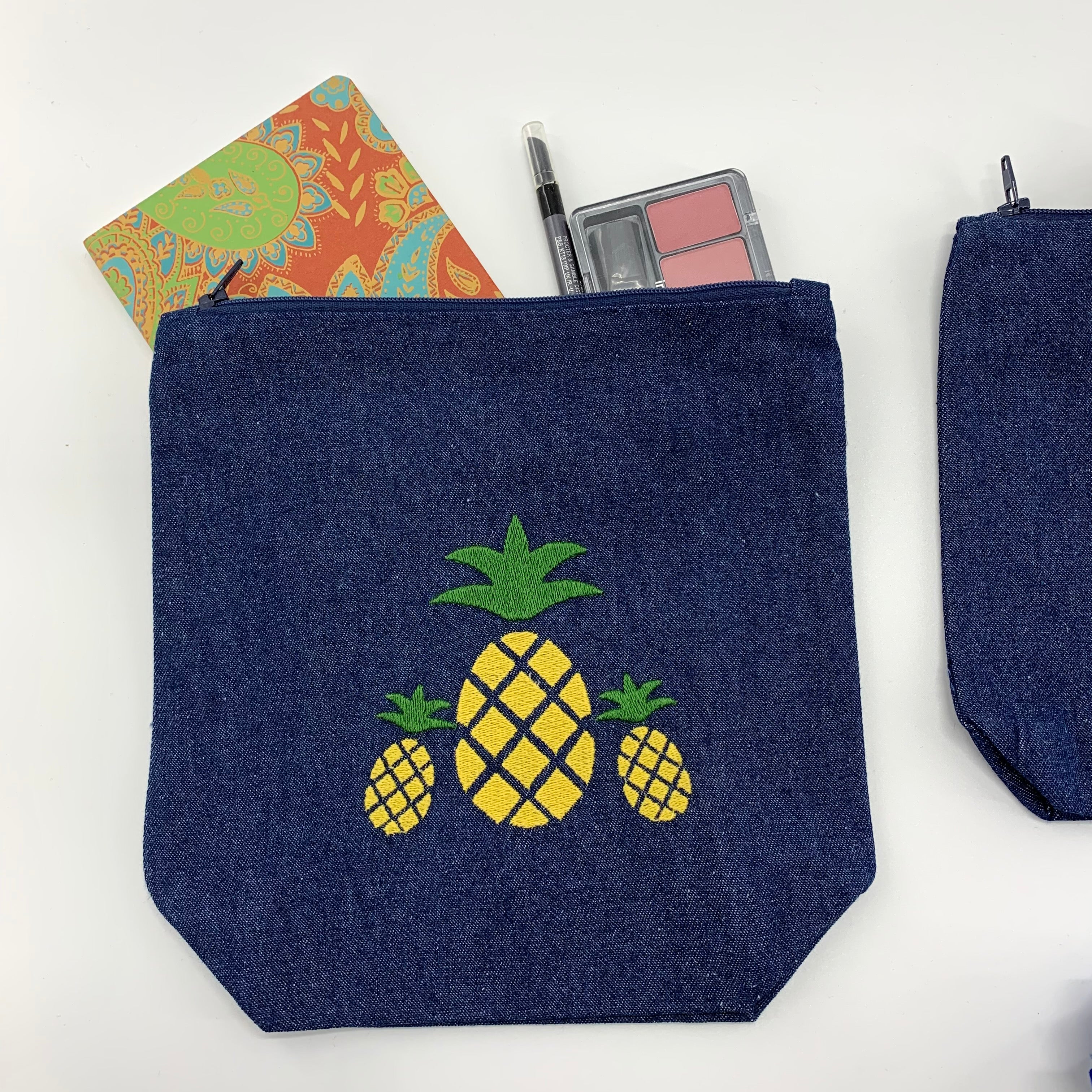 Pineapple Collection; Embroidered Pouches DENIM - SET OF 3