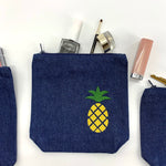 Pineapple Collection; Embroidered Pouches DENIM - SET OF 3