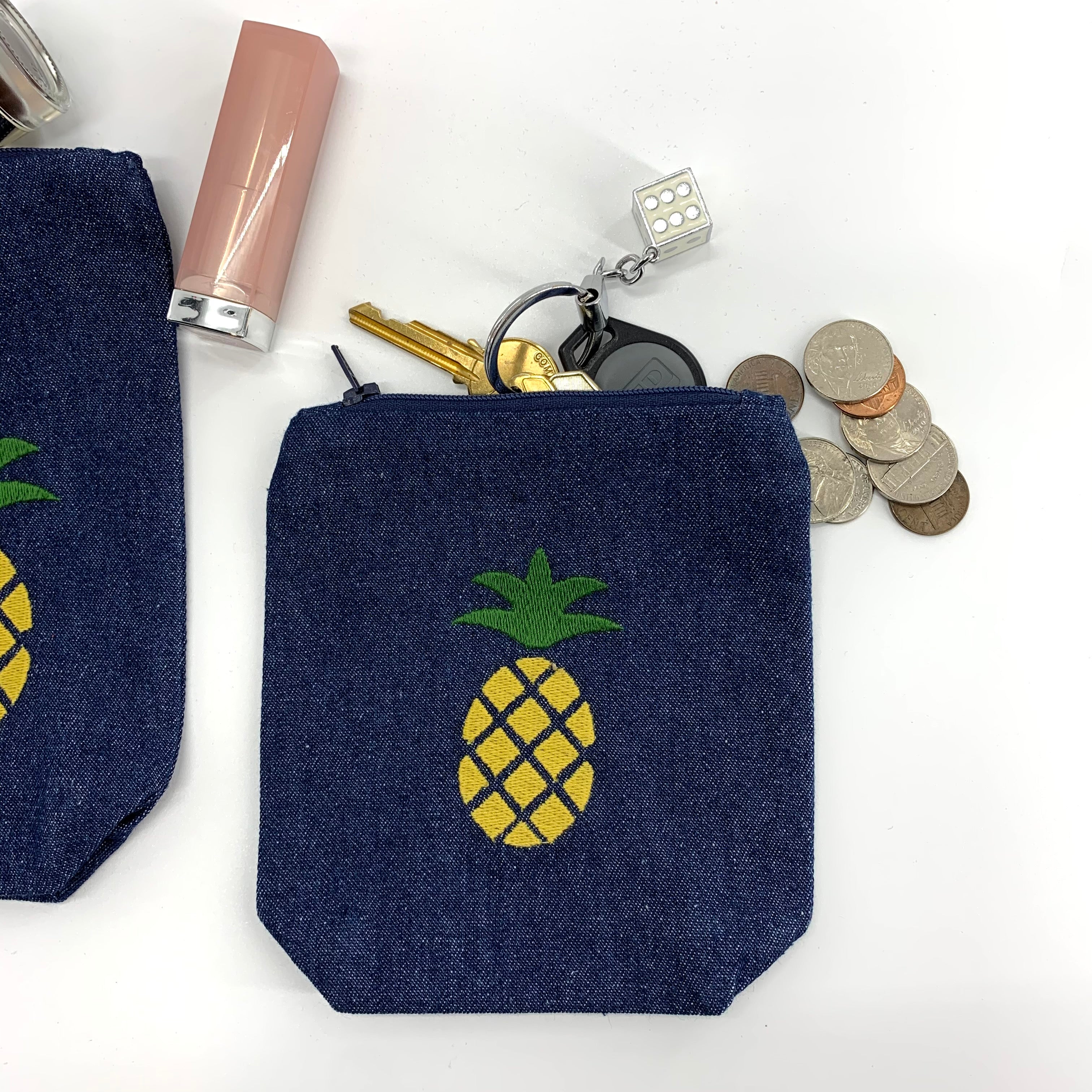 Pineapple Collection; Embroidered Pouches DENIM - SET OF 3