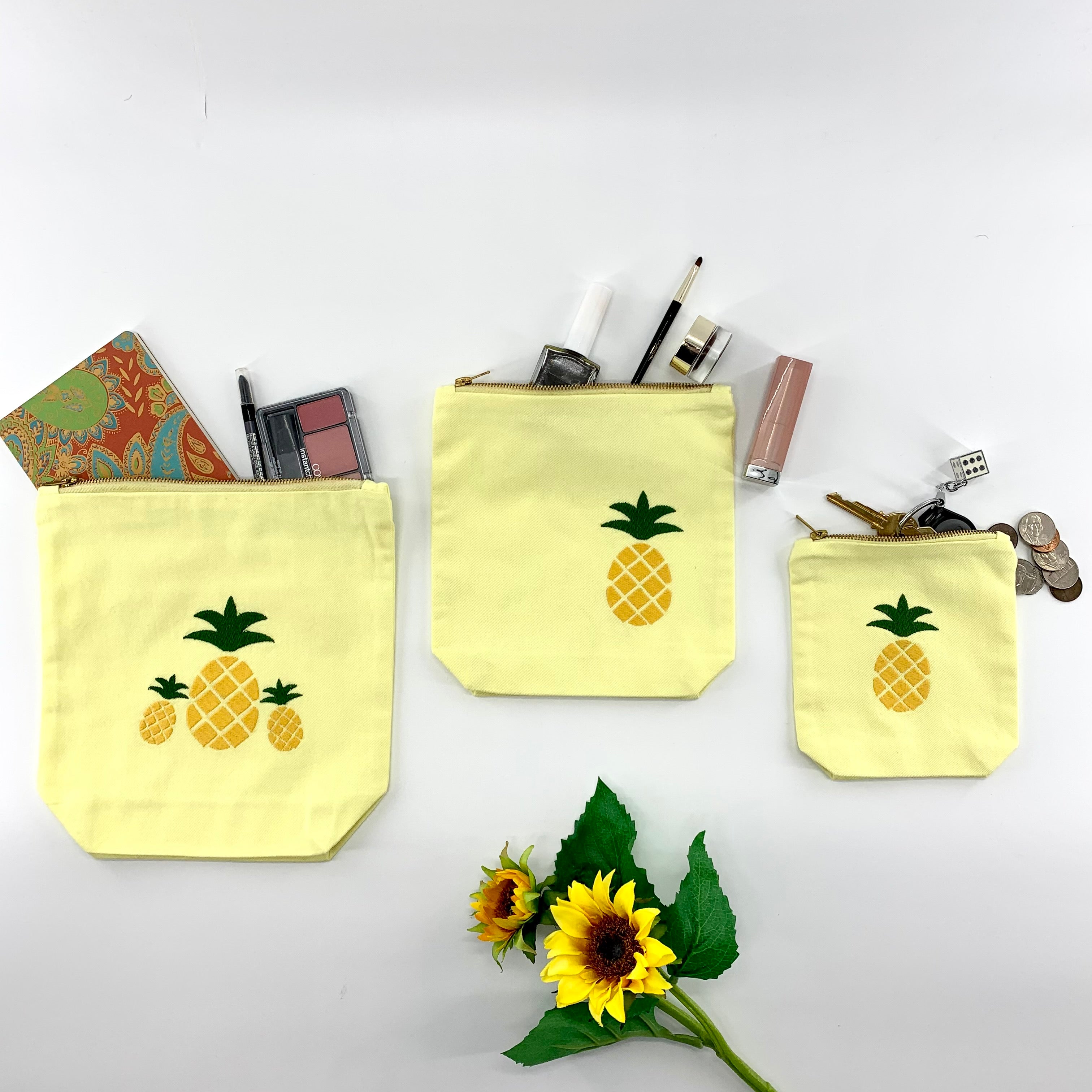 Pineapple Collection; Embroidered Pouches LEMON - SET OF 3