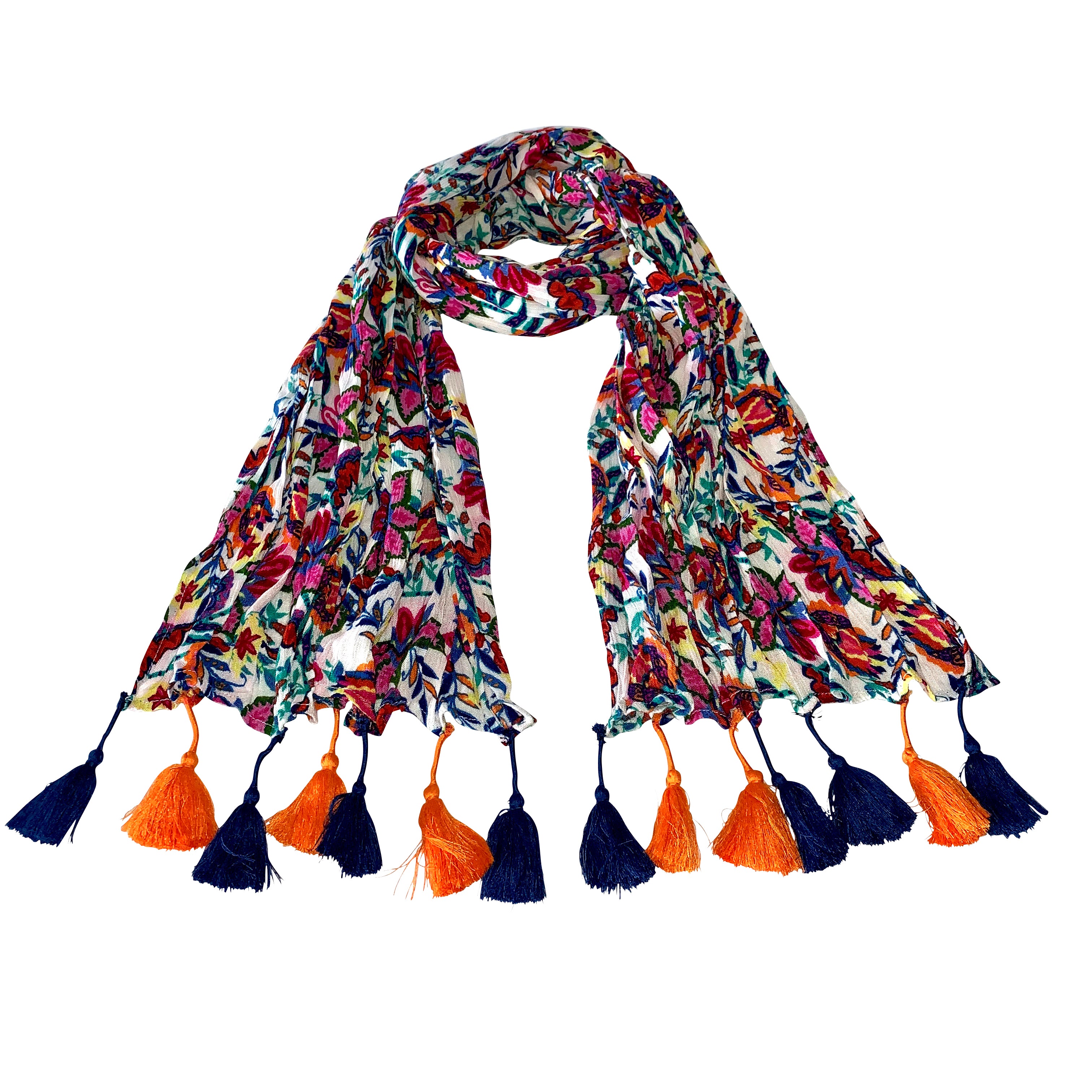 Printed Crinkle Long Floral Scarf with Tassels