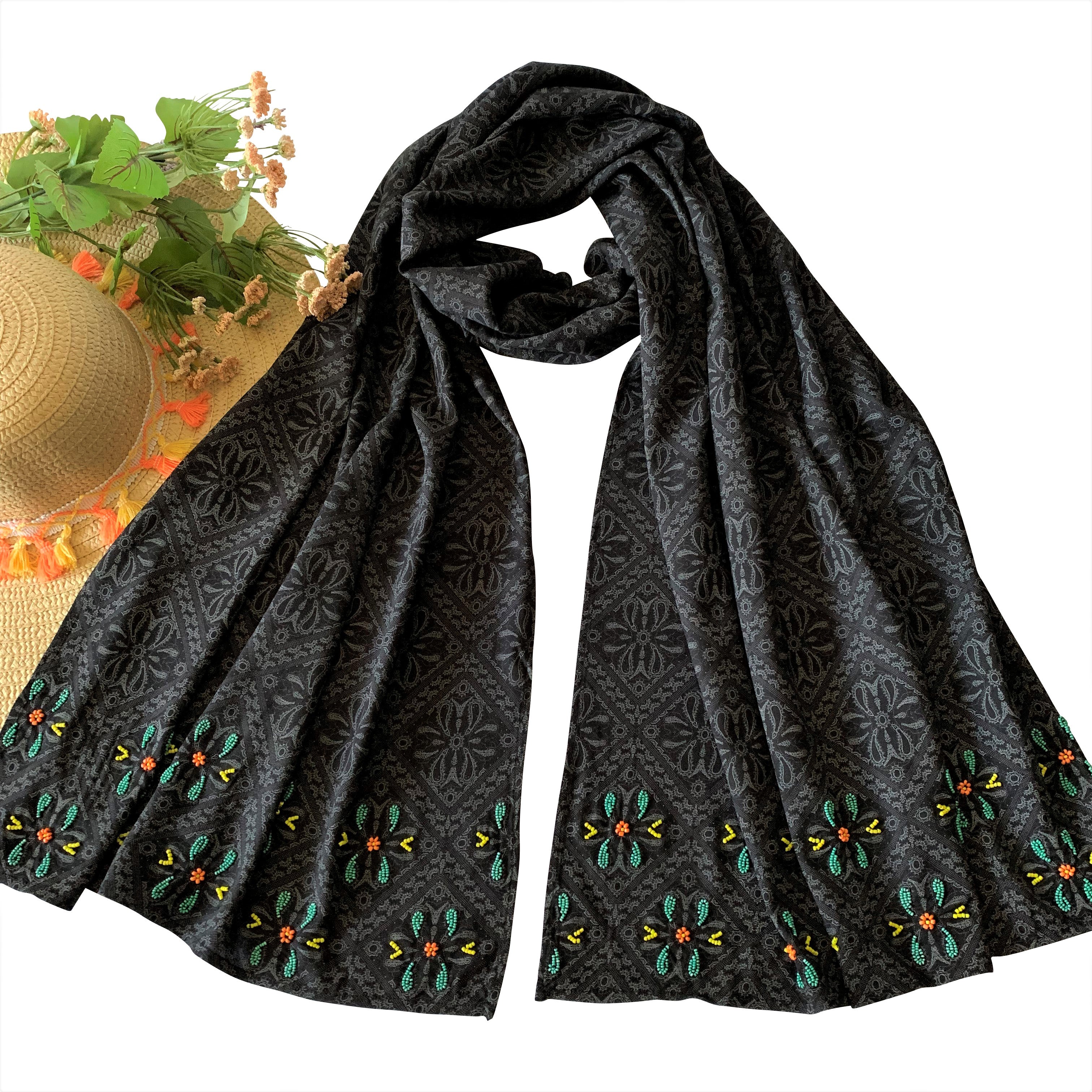 Beaded Embroidery on Printed Black Long Scarf