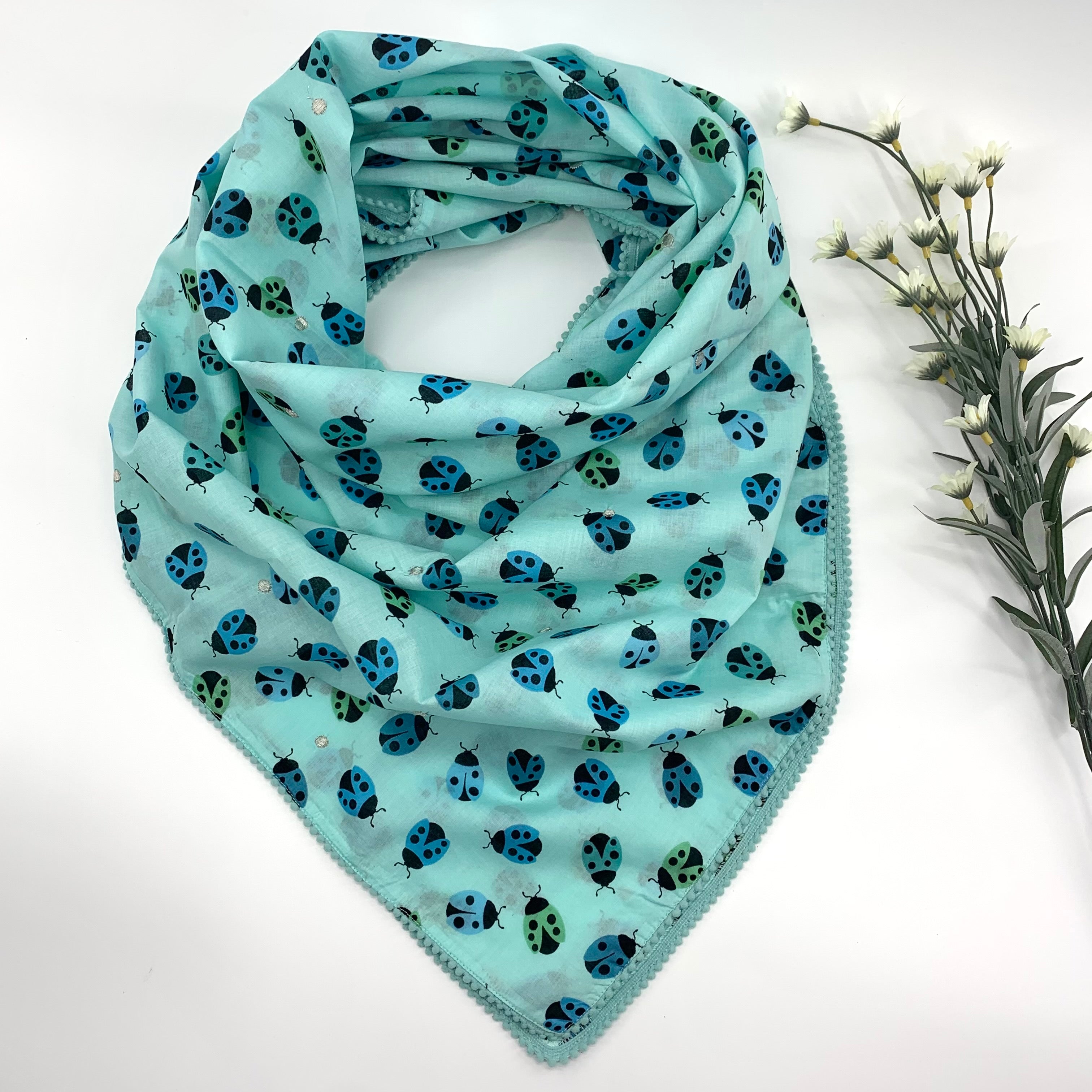 Large Cotton Printed Scarves, Lady Bugs - Aqua Green