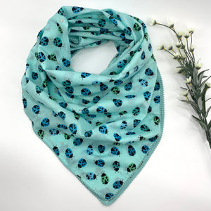 Large Cotton Printed Scarves, Lady Bugs - Aqua Green