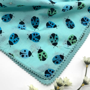 Large Cotton Printed Scarves, Lady Bugs - Aqua Green