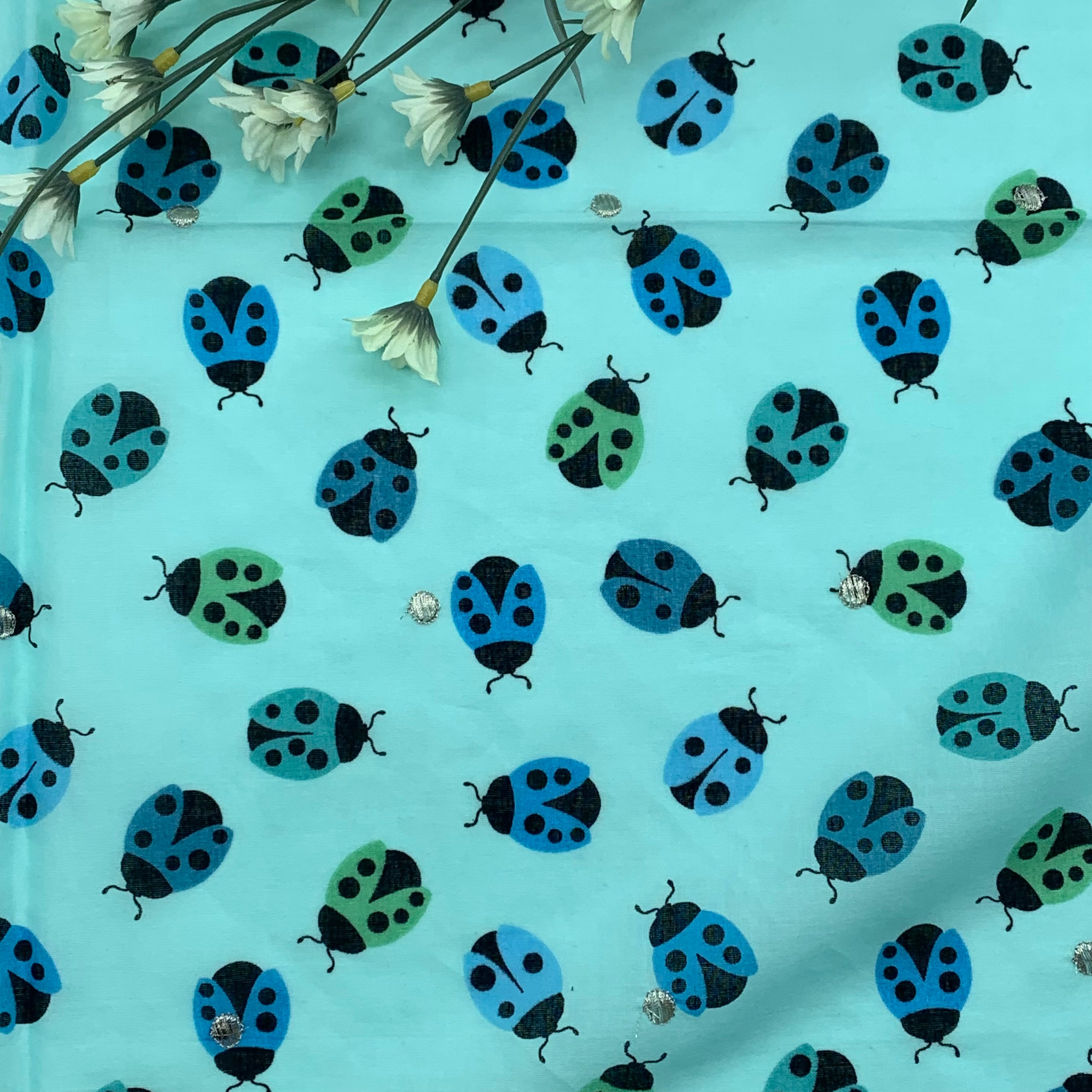 Large Cotton Printed Scarves, Lady Bugs - Aqua Green