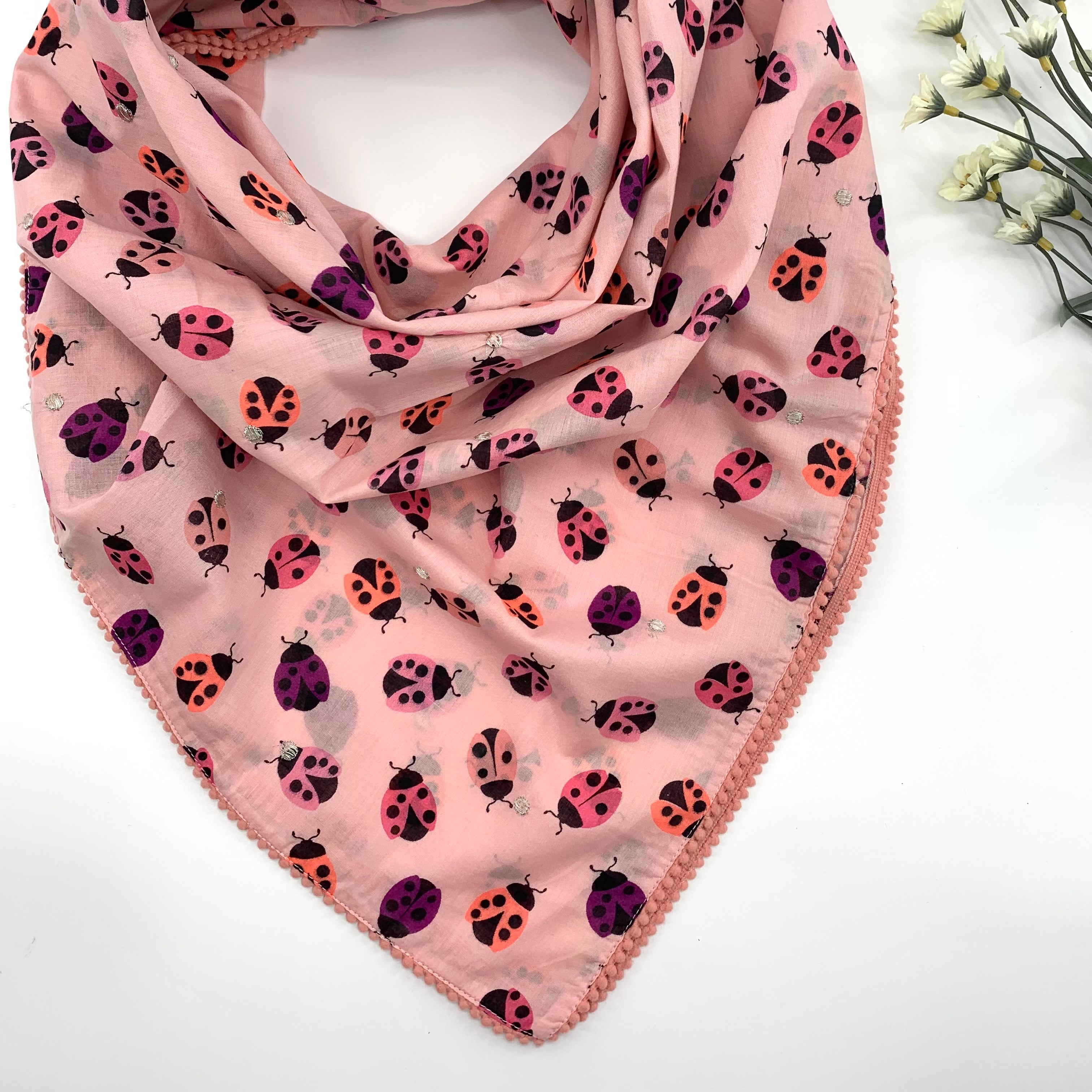 Large Cotton Printed Scarves, Lady Bugs Pink-Peach