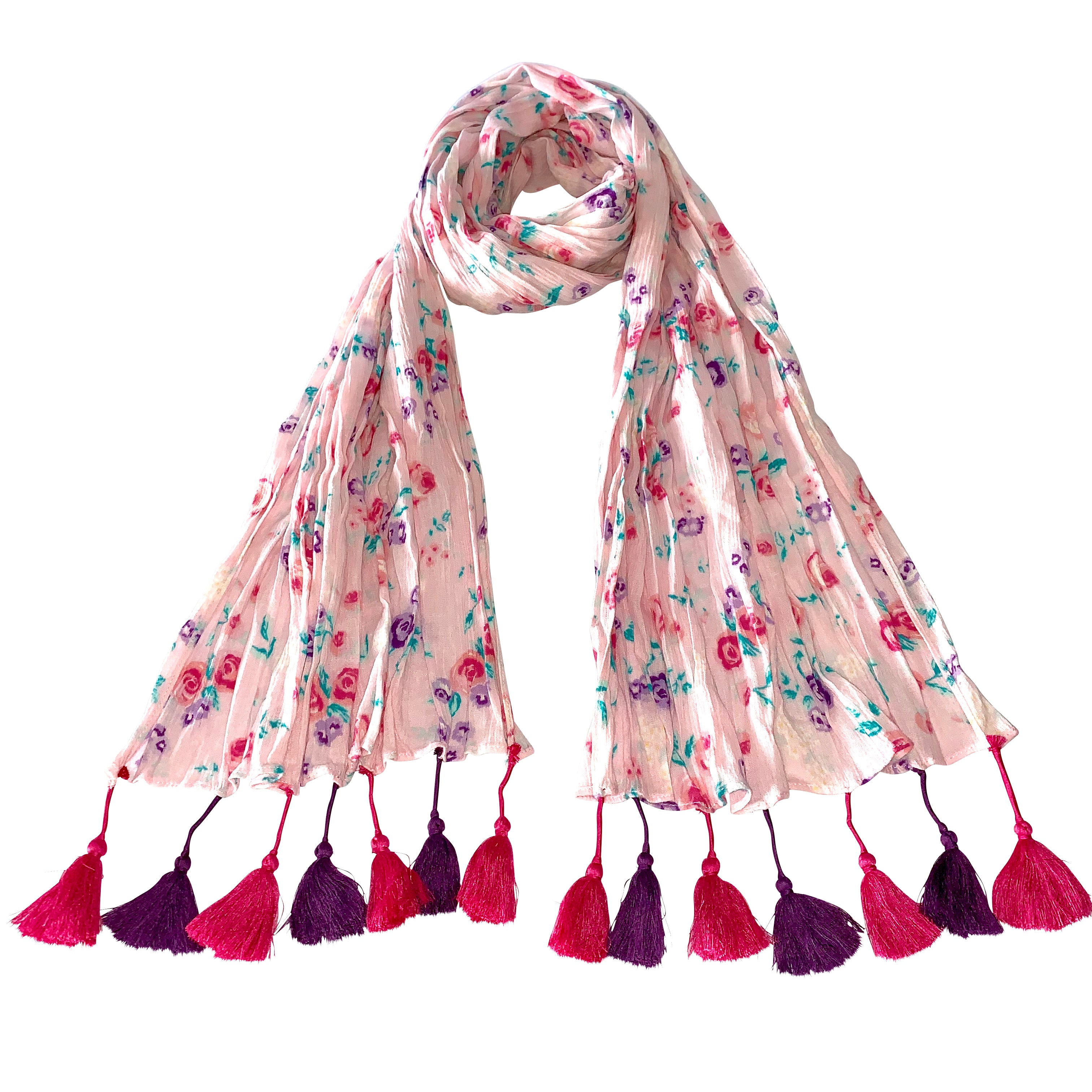 In Pink; Printed Crinkle Long Floral Scarf with Tassels